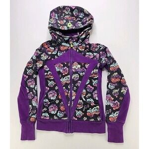 Ivivva by Lululemon Girls Hoodie Size 12 Scuba Style Purple Rose Allover Print